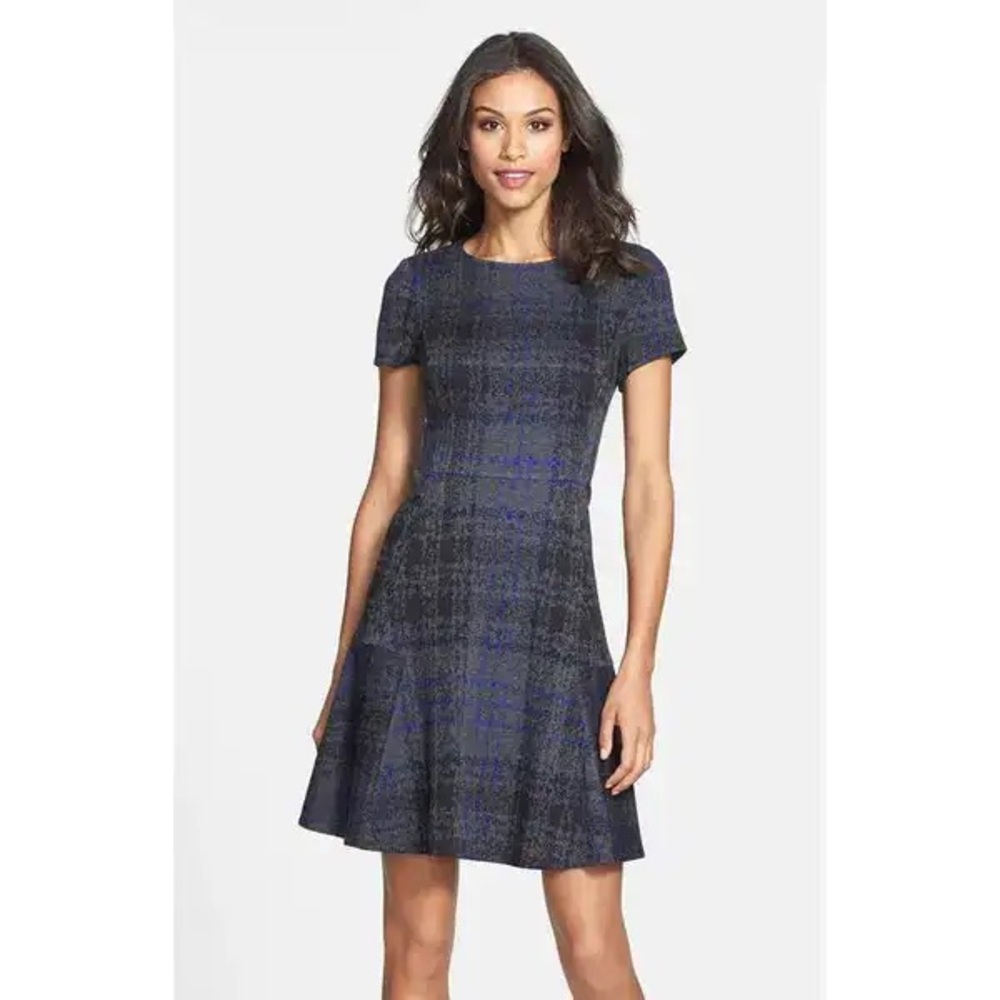 Betsey Johnson Print Ponte Fit & Flare Dress Black Gray Blue Women’s Size 10